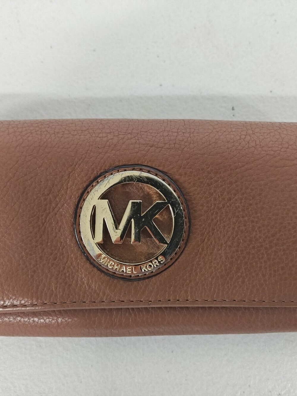Michael Kors Fulton Carryall Wallet Luggage Brown Pebbled Leather Gold MK Logo